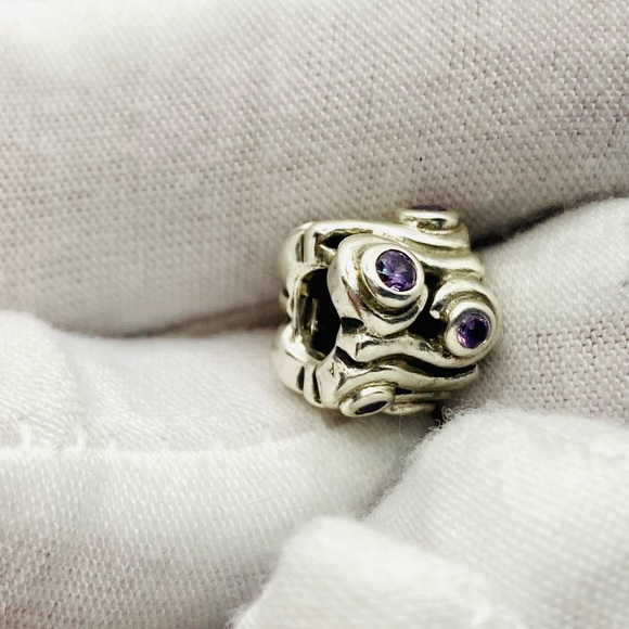 EUC Pandora 790369ACZ Sterling Silver Ocean Wave Charm w/ Amethyst Zirconia - Picture 6 of 9